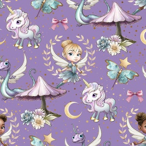 Fairies-Unicorn fabric, butterfly fabric, floral fabric, baby dragons, fairy prints, cotton fabric, knit, fairies, mushroom fabric, Unicorns