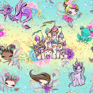 fairy fabric, unicorn fabric, dragon fabric, castle fabric, fairy prints, cotton fabric, knit fabric, fabric by the yard, fairies, magical
