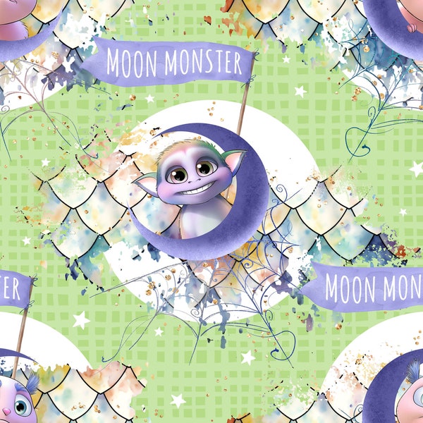 Moon Monster fabric, monsters fabric, mice fabric, cotton by the yard, fabrics by the yard, moon and stars, nursery fabric, lil monster