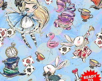 Alice fabric,  Rabbit fabric, mad hatter, white rabbit, Alice cat fabric, white queen, tweedledum, cotton by the yard