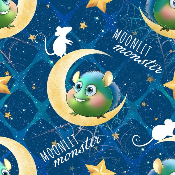 Moonlit monster fabric, monsters fabric, mice fabric, cotton by the yard, fabrics by the yard, moon and stars, nursery fabric, lil monster