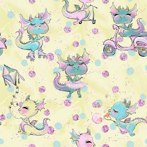 dragon fabric, cotton fabric, knit fabric, knit by the yard, girl fabric, summer fabric, dragon prints, balloon fabric, baby dragon fabric,