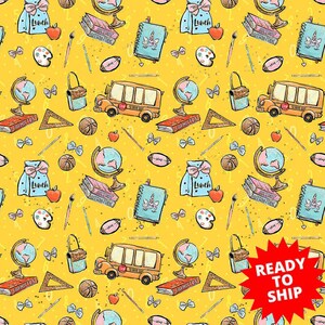 school fabric, school bus fabric, school supplies fabric, cotton fabric, knit fabric, quilting fabric, math fabric, fabric by the yard, doll