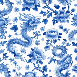 Chinoiserie Floral 12, blue dragon, Chinese floral, fabric by the yard, cotton fabric, Chinese pattern, blue floral pattern, Chinoiserie art