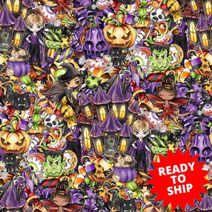 Halloween fabric, pumpkin fabric, cotton fabric, jack o lantern fabric, witch fabric, skull fabric, Halloween witch, Halloween castle