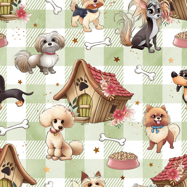Poodle fabric, dog fabric, knit fabric, cotton fabric, dog house, pets fabric, cute dogs, Dachshund fabric, Pomeranian fabric, puppies