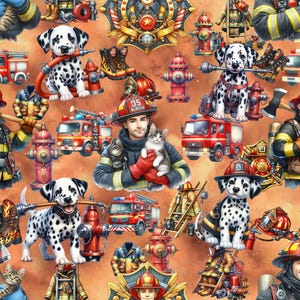Firefighter fabric, Fireman fabric, Dalmatian firefighter, fire design Fire truck fabric, Hero fabric, fabric by the yard,