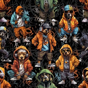Hip Hop Dog Fabric, animal fabric, cool dog fabric, cool dog prints, fabric by the yard, dog fabric,