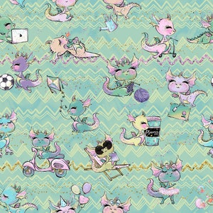 dragon fabric, cotton fabric, knit fabric, knit by the yard, girl fabric, summer fabric, dragon prints, balloon fabric, baby dragon fabric,