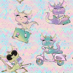 dragon fabric, cotton fabric, knit fabric, knit by the yard, girl fabric, summer fabric, dragon prints, balloon fabric, baby dragon fabric,