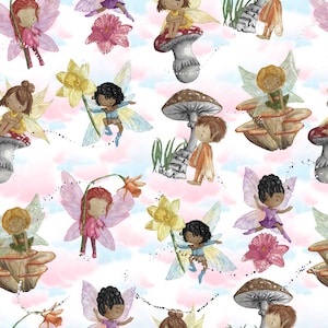 Fairy fabric, clouds fabric, kids fabric, Cotton by the yard, cotton fabric, Spandex fabric, magic fabric, pre order fabric, mushroom fabric