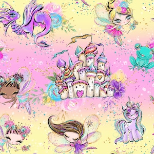 fairy fabric, unicorn fabric, dragon fabric, castle fabric, fairy prints, cotton fabric, knit fabric, fabric by the yard, fairies, magical