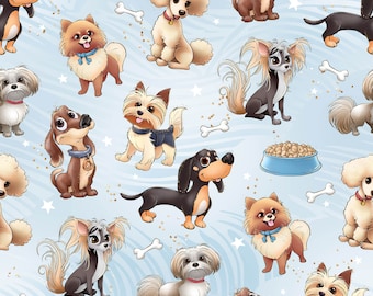 Puppy fabric, dog fabric, knit fabric, cotton, pets fabric, cute dogs, Dachshund fabric, Pomeranian fabric, woof fabric, dog strips