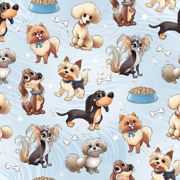 Puppy fabric, dog fabric, knit fabric, cotton, pets fabric, cute dogs, Dachshund fabric, Pomeranian fabric, woof fabric, dog strips