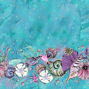 s277 mermaid fabric, ocean fabric, shell fabric, cotton fabric, knit fabric, jersey, fabric by the yard, under the sea nursery, mermaid