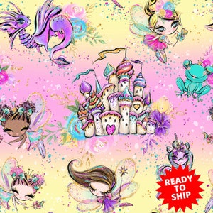 fairy fabric, unicorn fabric, dragon fabric, castle fabric, fairy prints, cotton fabric, fabric by the yard, fairies, magical