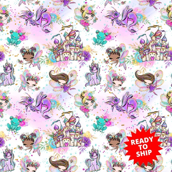 fairy fabric, unicorn fabric, dragon fabric, castle fabric, fairy prints, cotton fabric, knit fabric, fabric by the yard, fairies, magical