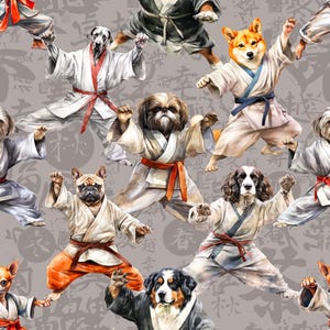 Kung Fu dogs, Karate dogs fabric, Martial arts dog fabric, Martial arts dog fabric, Dog karate, Whimsical dog fabric, Dog in kimono fabric,