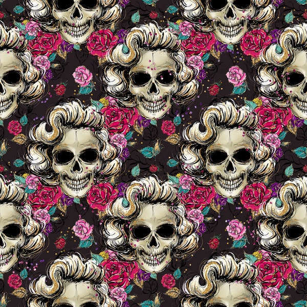 Marilyn Monroe fabric, Marilyn Monroe, Hollywood skulls, Floral skulls, cotton by the yard, knit by the yard, Halloween fabric, skull