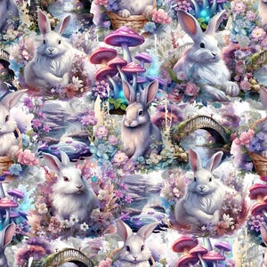 Bunny fabric, Rabbit pattern, Easter bunny, Woodland bunny, Fairy tale bunny, Mushroom fabric, Cute rabbit, Enchanted forest, Spring fabric
