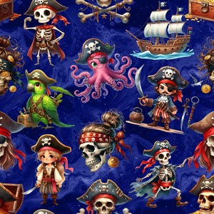 Pirate Fabric, cool pirate fabric, fabric by the yard, cotton by the yard, parrot fabric, octopus print,
