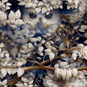 PANEL Owl Fabric, Hidden Owl, Hiding Owl, White Owl, Cotton by the yard, Fleece fabric, Dogwood Denim, Owl print,