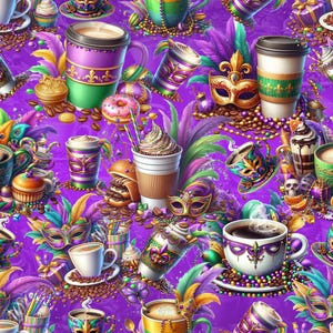 Mardi Gras fabric, Carnival fabric, Party fabric, Festive fabric, Purple green gold, Mask coffee fabric, Beads feathers, Party fabric,