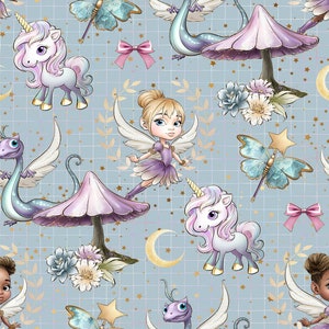 Fairies-Unicorn fabric, butterfly fabric, floral fabric, baby dragons, fairy prints, cotton fabric, knit, fairies, mushroom fabric, Unicorns