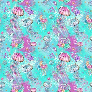 mermaid fabric, jellyfish fabric, knit fabric, cotton fabric, starfish fabric, fabric by the yard, under the sea nursery, mermaid shells