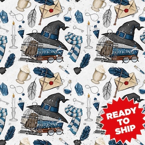 Wizard fabric, Wizard prints, owl fabric, magic fabric, wizards fabric, knit by the yard, cotton fabric, blue wizard
