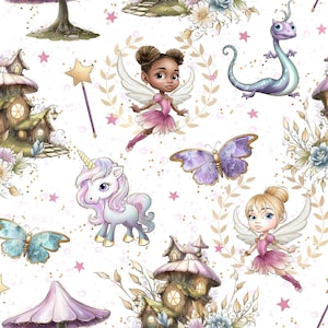 Fairies-Unicorn fabric, butterfly fabric, floral fabric, baby dragons, fairy prints, cotton fabric, knit, fairies, mushroom fabric, Unicorns