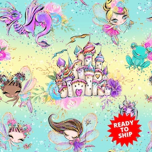 fairy fabric, unicorn fabric, dragon fabric, castle fabric, fairy prints, cotton fabric, knit fabric, fabric by the yard, fairies, magical