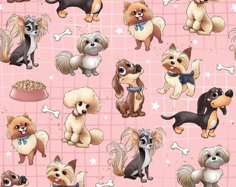 Puppy fabric, dog fabric, knit fabric, cotton, pets fabric, cute dogs, Dachshund fabric, Pomeranian fabric, woof fabric, dog strips