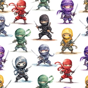 Cute Ninja Fabric, Colorful Ninjas, Swords, Cartoon Ninjas, Kids Fabric, Martial Arts, Character Fabric, Quilting Fabric, Apparel Fabric