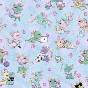 dragon fabric, cotton fabric, knit fabric, knit by the yard, girl fabric, summer fabric, dragon prints, balloon fabric, baby dragon fabric,