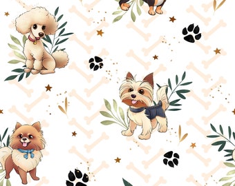 Puppy fabric, dog fabric, knit fabric, cotton, pets fabric, cute dogs, Dachshund fabric, Pomeranian fabric, woof fabric, dog strips