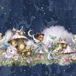 Fairies-Unicorn fabric, butterfly fabric, floral fabric, baby dragons, fairy prints, cotton fabric, knit, fairies, magical fabric, Unicorns
