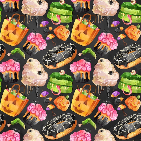 Halloween sweets, Halloween candies, knit fabric, cotton fabric, pumpkin fabric, Halloween colors, Halloween fleece, Halloween donuts