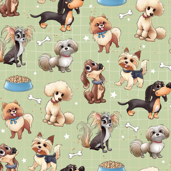 Puppy fabric, dog fabric, knit fabric, cotton, pets fabric, cute dogs, Dachshund fabric, Pomeranian fabric, woof fabric, dog strips