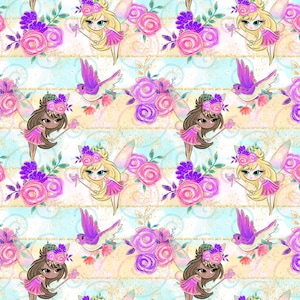 Fairies fabric, bird fabric, floral fabric, ribbon fabric, fairy prints, cotton fabric, knit fabric, fabric by the yard, fairies, magical