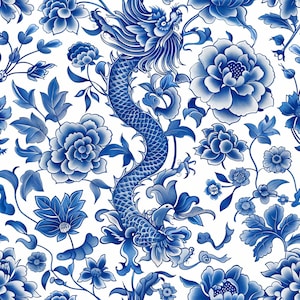 Chinoiserie Floral 6, blue dragon, Chinese floral, fabric by the yard, cotton fabric, Chinese patterns, blue floral pattern, Chinoiserie art