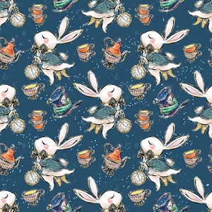 Alice fabric Rabbit fabric, mad hatter, white rabbit, Alice cat fabric, white queen, tweedledum, cotton by the yard