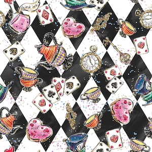 Alice fabric, Alice wonderland, Rabbit fabric, mad hatter, white rabbit, Alice cat fabric, white queen, tweedledum, cotton by the yard