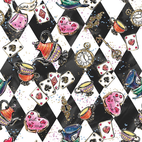 Alice fabric, Alice wonderland, Rabbit fabric, mad hatter, white rabbit, Alice cat fabric, white queen, tweedledum, cotton by the yard