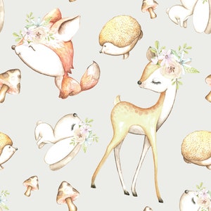 Woodland fabric- deer fabric- bear fabric- fall fabric- knit fabric- crib sheet- cotton fabric- woodland animal  floral fabric woodland
