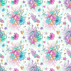 mermaid fabric, shells fabirc, knit fabric, cotton fabric, cotton by the yard, fabric by the yard, under the sea nursery, starfish fabric