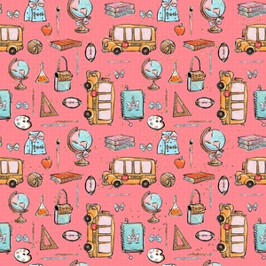 school fabric, school bus fabric, school supplies fabric, cotton fabric, knit fabric, quilting fabric, math fabric, fabric by the yard, doll