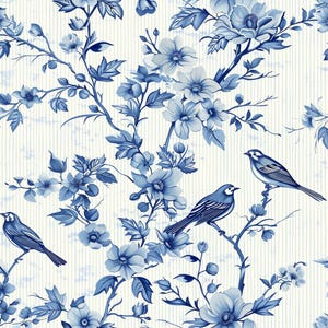 Chinoiserie Floral 16, blue birds, Chinese floral, fabric by the yard, cotton fabric, Chinese pattern, blue lines pattern, Chinoiserie art
