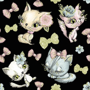 Cat fabric, animal fabric, cotton by the yard, floral fabric, cute cats, cute kittens, fleece fabric, knit fabric, fabric by the yard,