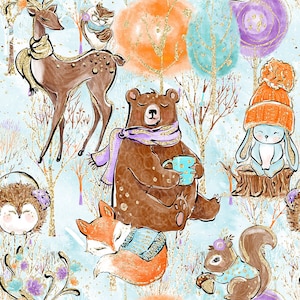 Woodland fabric- deer fabric- bear fabric- fall fabric- knit fabric- crib sheet- cotton fabric- woodland animal  floral fabric woodland
